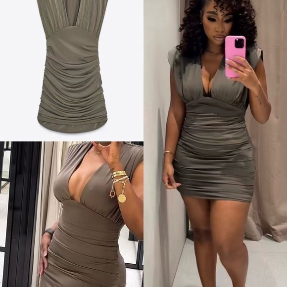 Zara NWT Khaki Olive Green Plunge Neck Ruched Shoulder Pad Mini Dress (Small) - Picture 11 of 12